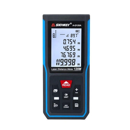 SNDWAY Handheld Laser Rangefinder for Distance Measurement showing digital display and control buttons