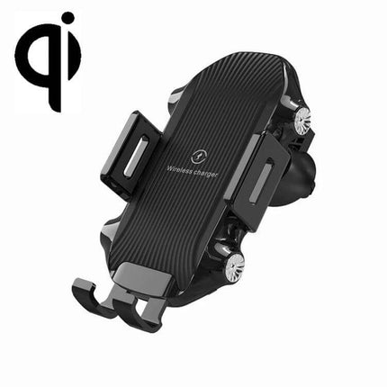 Car Wireless Charger With Suction Cup Phone Holder mounted in car, adjustable arms and suction cup base for hands-free charging