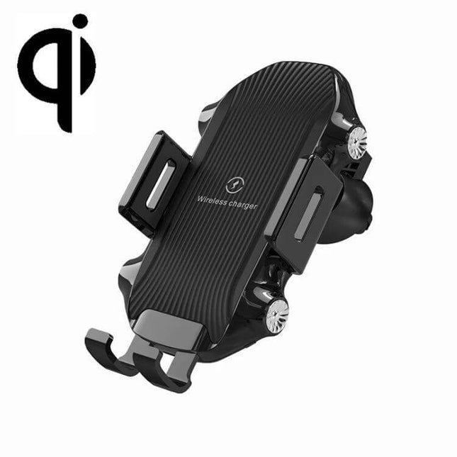 Car Wireless Charger With Suction Cup Phone Holder mounted in car, adjustable arms and suction cup base for hands-free charging