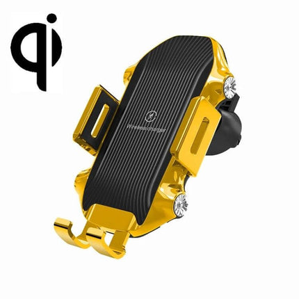 Car Wireless Charger With Suction Cup Phone Holder in gold with Qi logo, adjustable clip and one-handed wireless charging mount