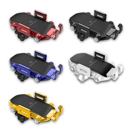 Car Wireless Charger With Suction Cup Phone Holder showing five color options (red, black, blue, silver, gold) with adjustable mount and suction cup