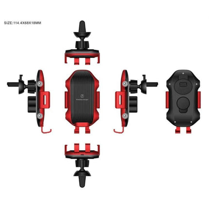 Car Wireless Charger With Suction Cup Phone Holder showing red-black adjustable mount, suction cup and vent clip views for in-car wireless charging
