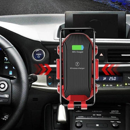 Car Wireless Charger With Suction Cup Phone Holder mounted on car dashboard holding phone with charging screen and adjustable red arms