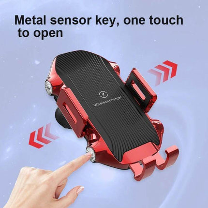 Car Wireless Charger With Suction Cup Phone Holder showing red adjustable mount and one-touch metal sensor opening for wireless charging