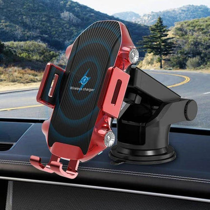Car Wireless Charger With Suction Cup Phone Holder mounted on car dashboard, adjustable suction cup phone holder with wireless charging