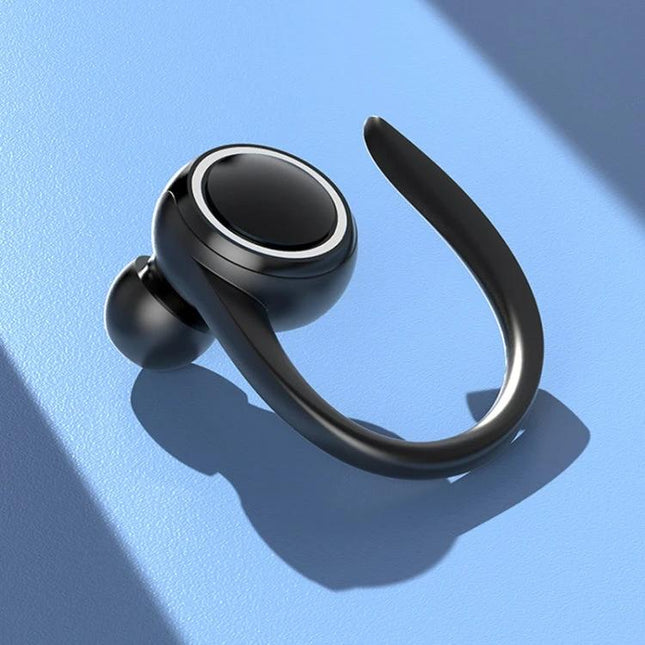 Single Ear Bluetooth Headset With Secure Ear Hook For Jogging showing black compact A1S earbud with silicone hook for running