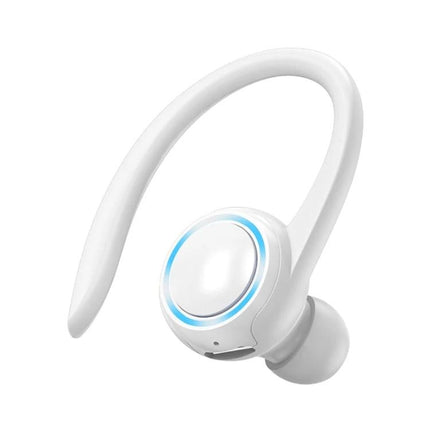 Single Ear Bluetooth Headset With Secure Ear Hook For Jogging in white, compact hanging-ear design for active use