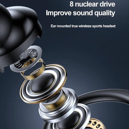 Single Ear Bluetooth Headset With Secure Ear Hook For Jogging showing exploded driver components and secure ear hook design