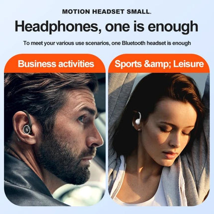 Single Ear Bluetooth Headset With Secure Ear Hook For Jogging shown worn by man commuting and woman jogging, compact stable fit for active use