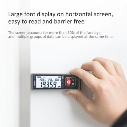 SNDWAY Bluetooth-Enabled Laser Distance Measurer for Home and Professional Use showing large horizontal display and hand measuring a wall