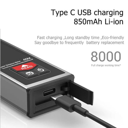 SNDWAY Bluetooth-Enabled Laser Distance Measurer for Home and Professional Use showing Type-C USB charging port and cable connected