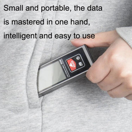 SNDWAY Bluetooth-Enabled Laser Distance Measurer for Home and Professional Use - compact device held in hand being placed into a pocket, showing display and buttons