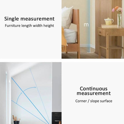 SNDWAY Bluetooth-Enabled Laser Distance Measurer for Home and Professional Use showing single and continuous room measurements