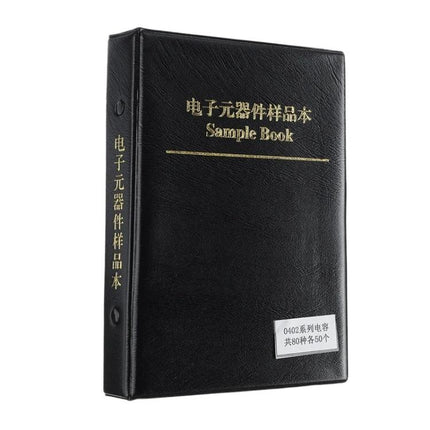 0402 SMD Capacitor Sample Book for Electronic Projects and Testing - black sample book organizer with labeled compartments for 0402 capacitors