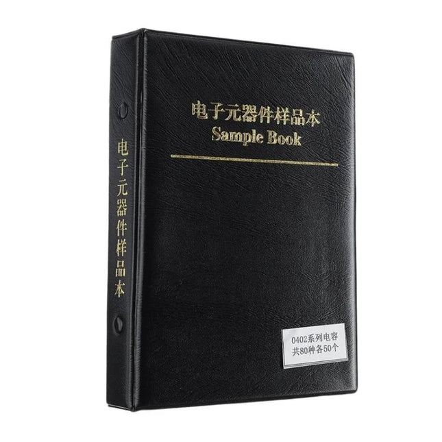0402 SMD Capacitor Sample Book for Electronic Projects and Testing - black sample book organizer with labeled compartments for 0402 capacitors