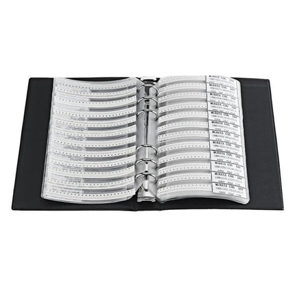 0402 SMD Capacitor Sample Book for Electronic Projects and Testing showing organized labeled capacitor strips in a compact binder for prototyping