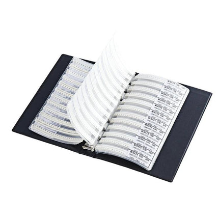 0402 SMD Capacitor Sample Book for Electronic Projects and Testing open organizer showing labeled 0402 capacitor strips for prototyping and testing