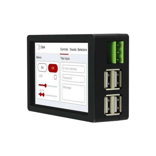 Lily Pi ESP32 Microcontroller Board with Raspberry Pi Compatibility compact touchscreen module showing USB ports and GPIO connector