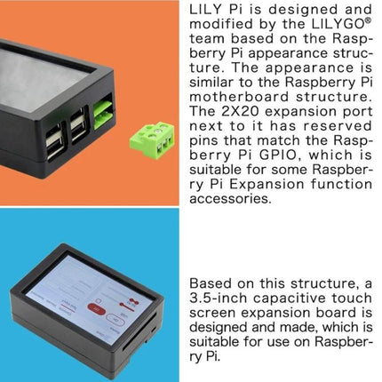 Lily Pi ESP32 Microcontroller Board with Raspberry Pi Compatibility showing ESP32 board, GPIO expansion and 3.5-inch touchscreen case
