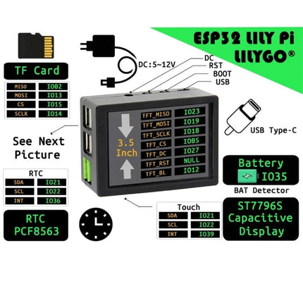 Lily Pi ESP32 Microcontroller Board with Raspberry Pi Compatibility - 3.5-inch display, USB-C, TF card, RTC and capacitive touch