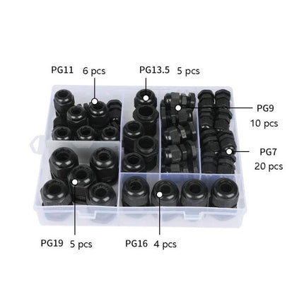 Waterproof Sealed Cable Fixed Joints in 50-Piece Box - plastic PA cable gland assortment with labeled compartments PG7 PG9 PG11 PG13.5 PG16 PG19