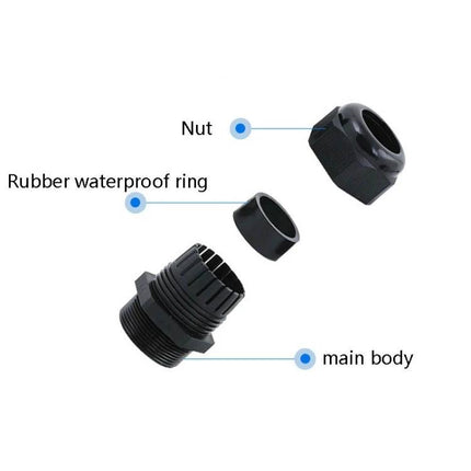 Waterproof Sealed Cable Fixed Joints in 50-Piece Box - exploded view of nut, rubber waterproof ring and main body (PA material)