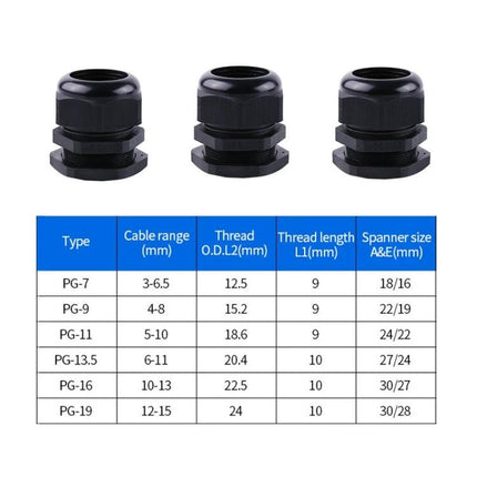 Waterproof Sealed Cable Fixed Joints in 50-Piece Box - PA cable glands set with size chart and three black waterproof cable fixed joints