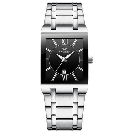 FNGEEN Waterproof Square Watch for Men with Calendar Function – silver stainless steel band, black dial, date window, 30m water resistant