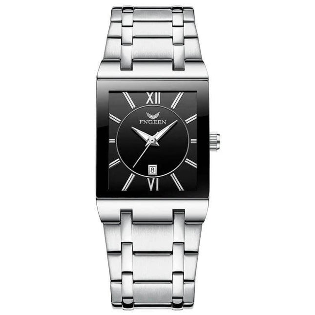 FNGEEN Waterproof Square Watch for Men with Calendar Function – silver stainless steel band, black dial, date window, 30m water resistant