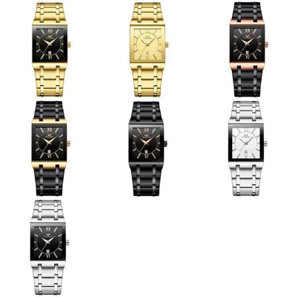 FNGEEN Waterproof Square Watch for Men with Calendar Function - assorted metal bracelet colors (gold, black, silver) rectangular dial
