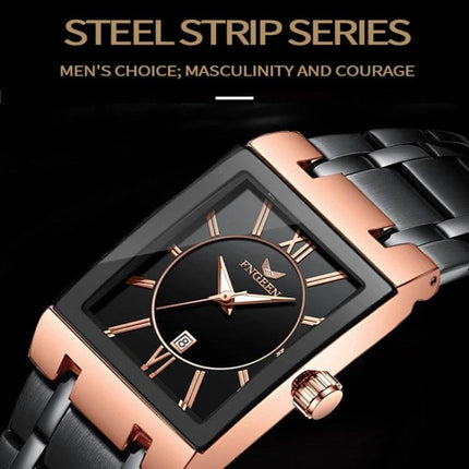 FNGEEN Waterproof Square Watch for Men with Calendar Function - rose gold and black steel strip men's watch with date window