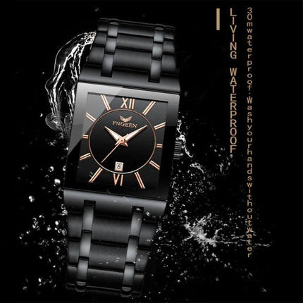 FNGEEN Waterproof Square Watch for Men with Calendar Function - black stainless steel wristwatch splashing water, 30M water-resistant daily wear