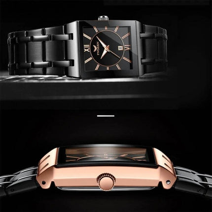 FNGEEN Waterproof Square Watch for Men with Calendar Function – black metal square dial with calendar window and 30m water resistance