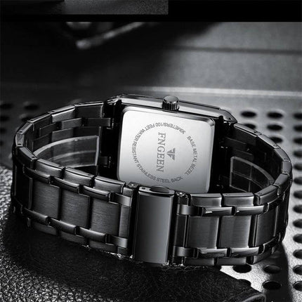 FNGEEN Waterproof Square Watch for Men with Calendar Function black stainless steel bracelet rear view