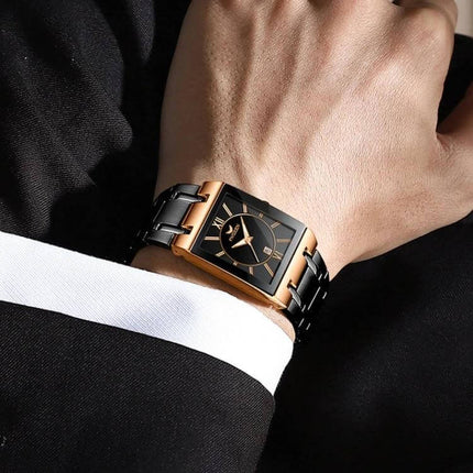 FNGEEN Waterproof Square Watch for Men with Calendar Function on wrist, black dial and two-tone metal bracelet, 30m splash-resistant everyday timepiece