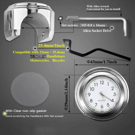 Aluminum Alloy Motorcycle Handlebar Clock Silver Shell For Riding