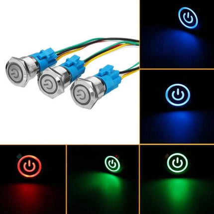 19mm Car Button Switch With Light IP67 Waterproof Flat brass nickel-plated flat-head LED indicator for automotive marine panels, 12–24V