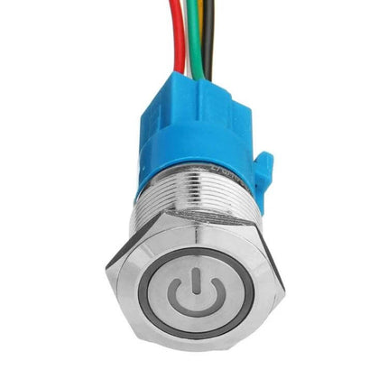 19mm Car Button Switch With Light IP67 Waterproof Flat brass nickel-plated flat head illuminated power symbol, 12–24V, weatherproof dashboard switch