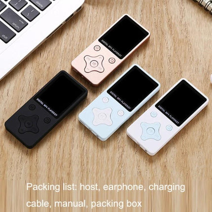 Ultra-Thin Portable MP4 Player for Music and Video Playback showing four color options on a wooden desk with laptop