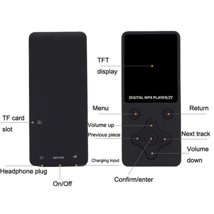 Ultra-Thin Portable MP4 Player for Music and Video Playback - compact 1.8-inch TFT display MP4 player with buttons, TF card slot, headphone plug, FM and record features