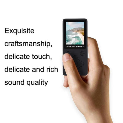 Hand holding Ultra-Thin Portable MP4 Player for Music and Video Playback with 1.8-inch TFT display showing beach image and control buttons