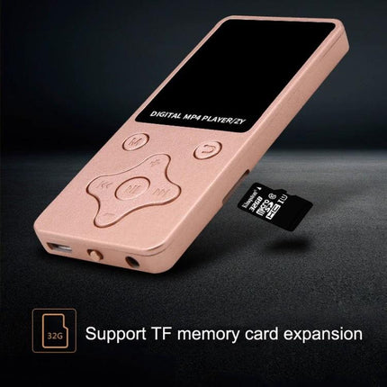 Ultra-Thin Portable MP4 Player for Music and Video Playback showing rose gold player with 1.8-inch TFT display, controls and TF card slot