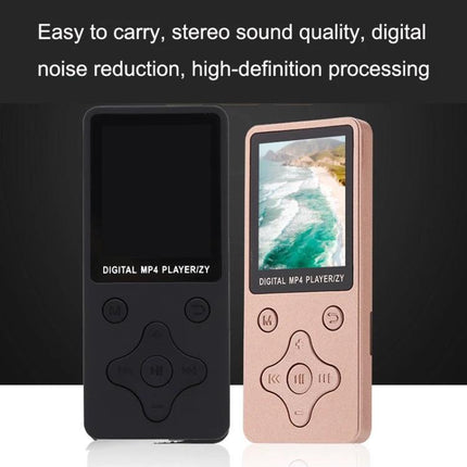 Ultra-Thin Portable MP4 Player for Music and Video Playback showing black and rose gold models with 1.8-inch TFT display and control buttons