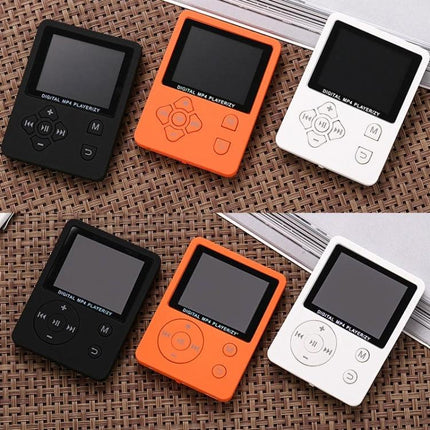 Portable MP4 Music Player with Lyrics Synchronization and FM Radio shown in black orange and white color options on a woven mat