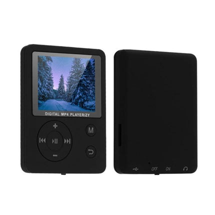Portable MP4 Music Player with Lyrics Synchronization and FM Radio - compact black MP4 player with 1.8-inch display showing snowy scene and front/back view