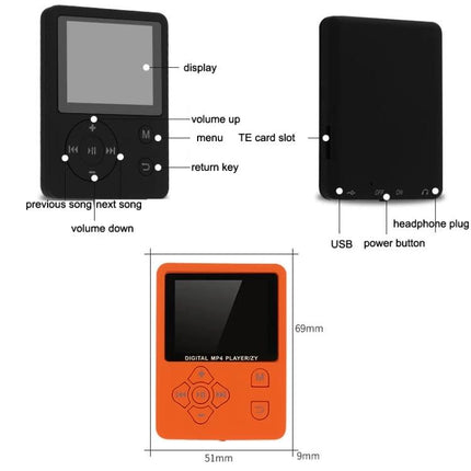 Portable MP4 Music Player with Lyrics Synchronization and FM Radio showing front, back, dimensions and labeled buttons