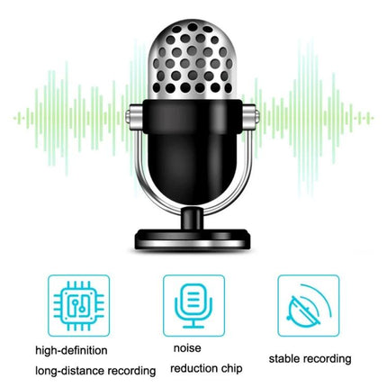 Portable MP4 Music Player with Lyrics Synchronization and FM Radio showing microphone icon, waveform and icons for high-definition recording, noise reduction, stable recording