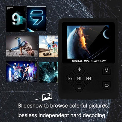 Portable MP4 Music Player with Lyrics Synchronization and FM Radio black digital MP4 player with 1.8-inch display showing slideshow and playback controls