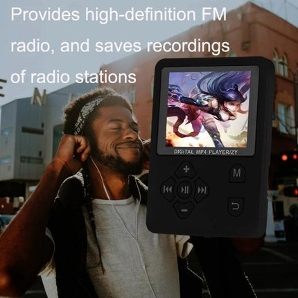 Portable MP4 Music Player with Lyrics Synchronization and FM Radio black device showing color display and commuter enjoying music on city street