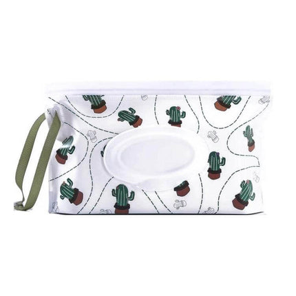 Baby EVA Wet Wipes Bag Portable For Travel Diaper Bag white cactus print pouch with handle, slim waterproof EVA wipes case for stroller